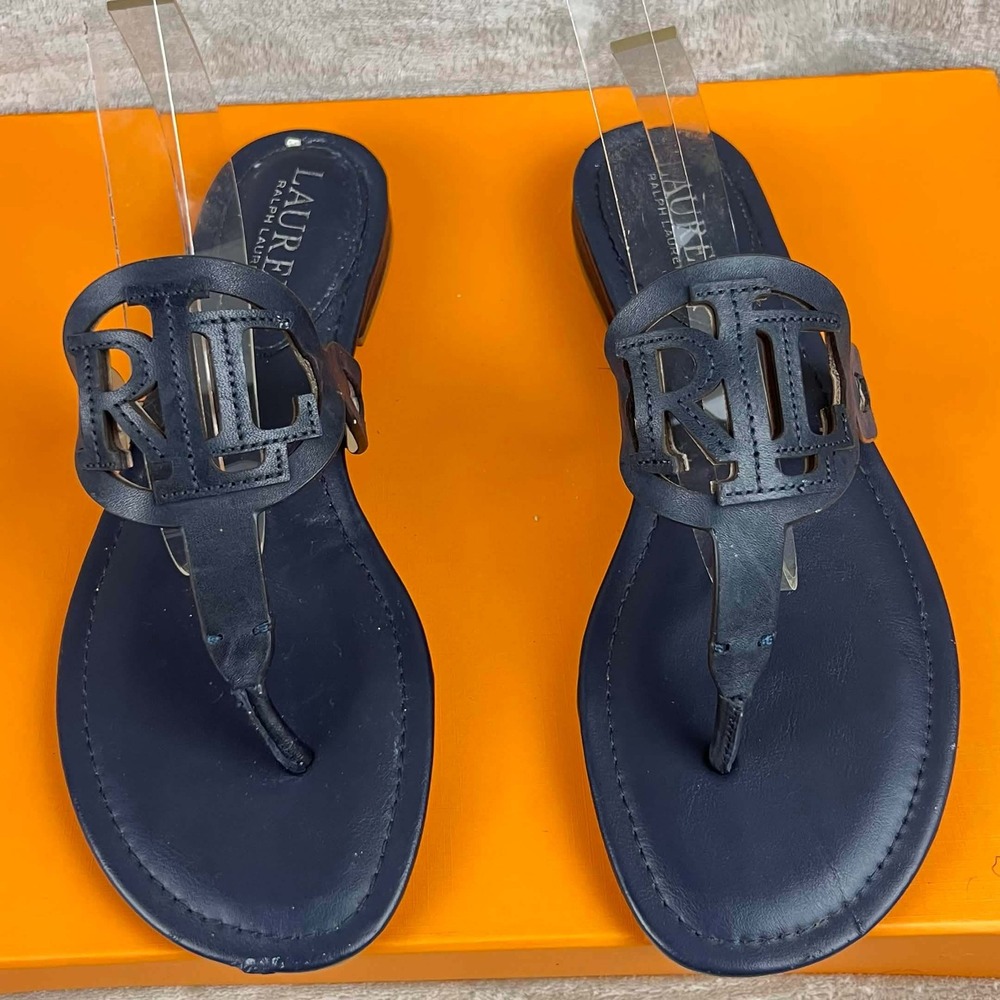Lauren Ralph Lauren Audrie Navy Blue Leather Logo Thong Flat Sandals 6.5B 30003